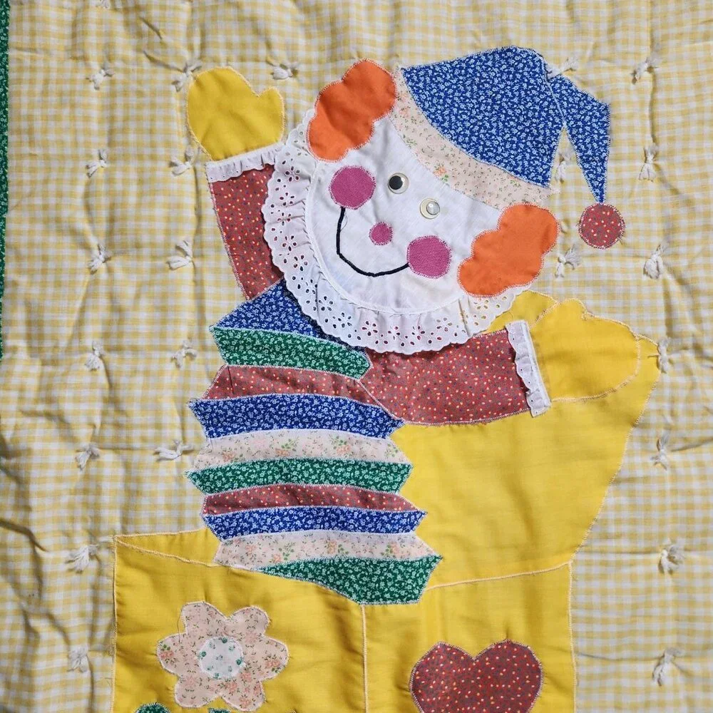 Vintage Handmade Patchwork Jack In the Box Clown Crib Gingham Floral Quilt